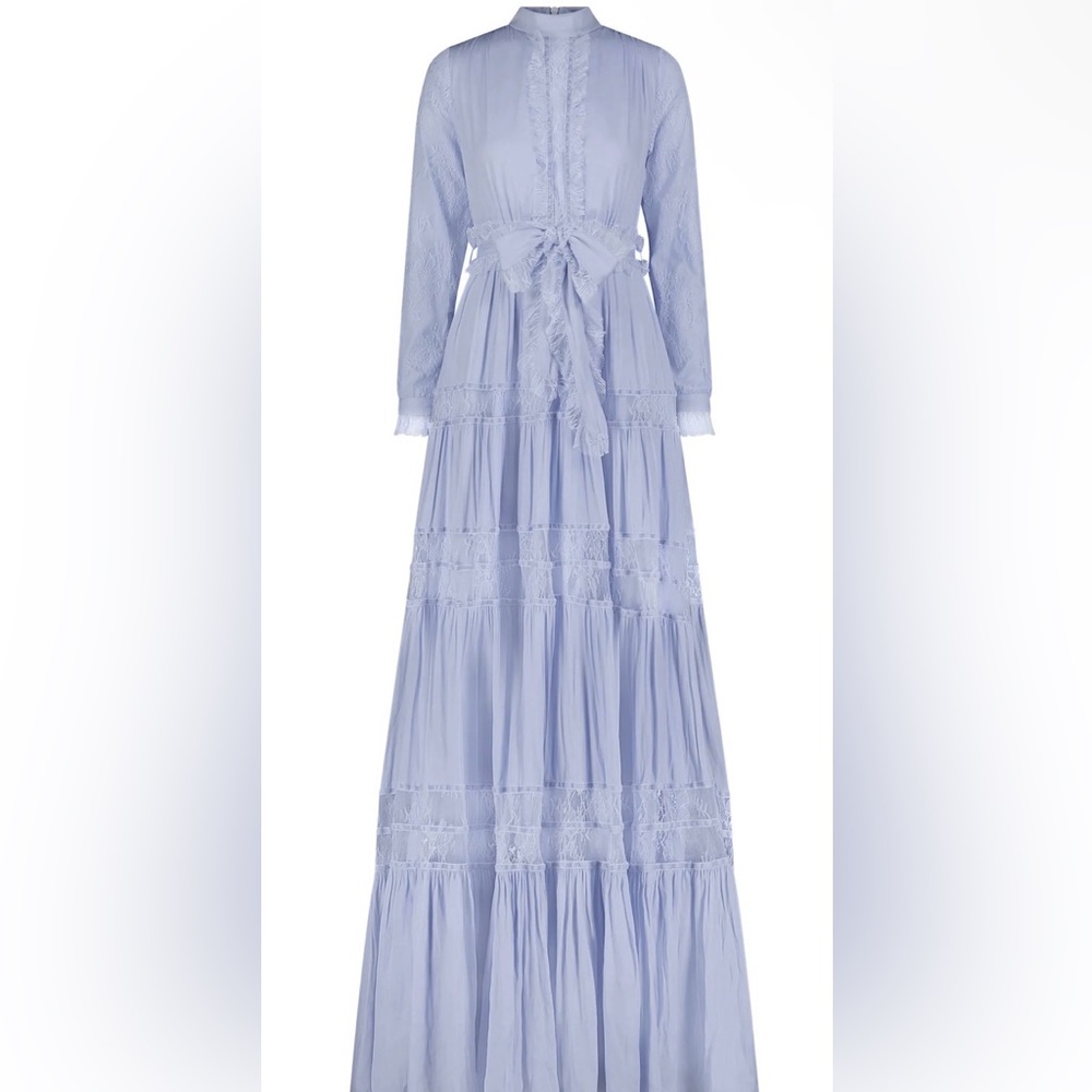 Light Blue Long-Sleeve Maxi Dress with Waist Tie